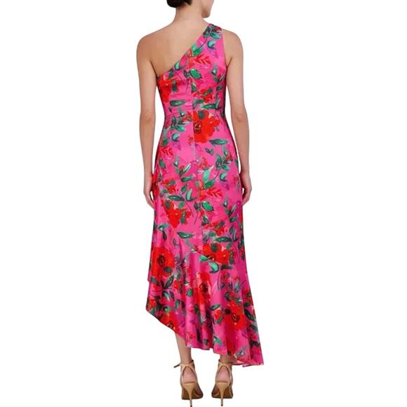 NWT Eliza J Petite Floral Satin Asymmetric-Hem Midi Dress Pink Multicolor Size 6 - Picture 2 of 9